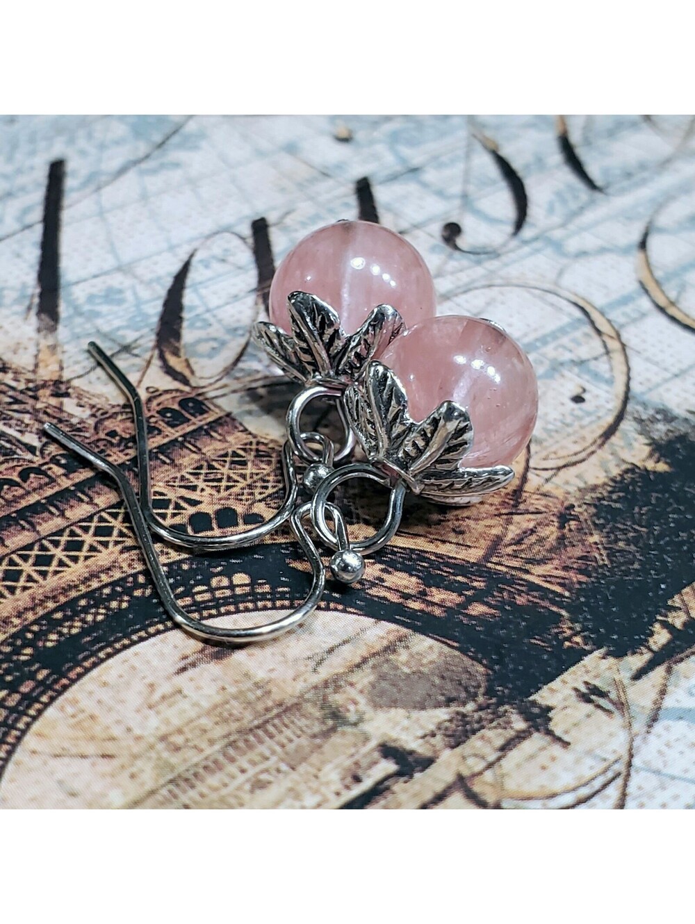 Cherry Quartz Gemstone Dangle Silver Platinum Plated Artsy Leaf Capped Earrings - Picture 5 of 11